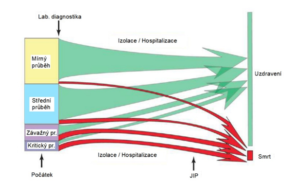 Případy nakažených ve Wu-Hanu. Velikosti bloků odpovídají procentuálnímu zastoupení závažnosti potvrzených případů a vývoji jejich nemoci.